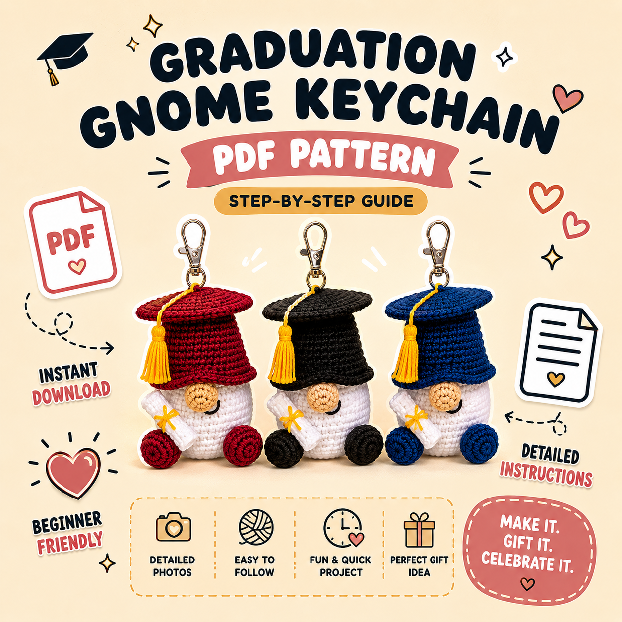 Graduation Gnome Crochet Pattern PDF | Amigurumi Keychain Tutorial