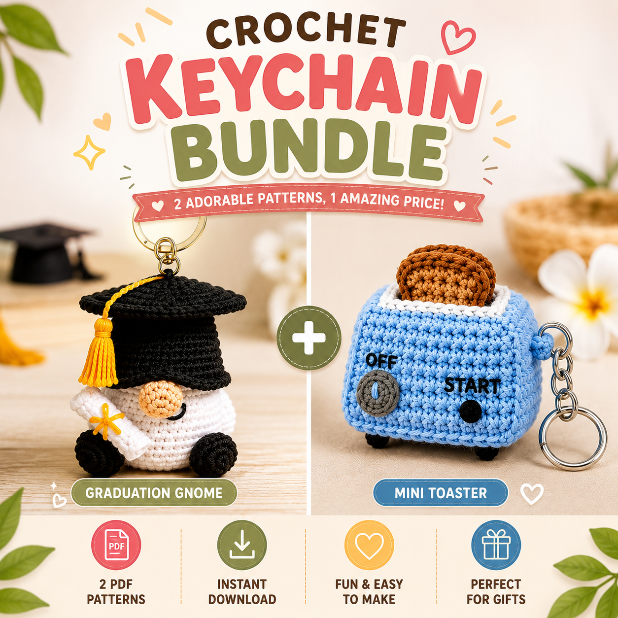 Crochet Keychain Bundle PDF Pattern – Graduation Gnome & Mini Toaster Amigurumi Tutorials