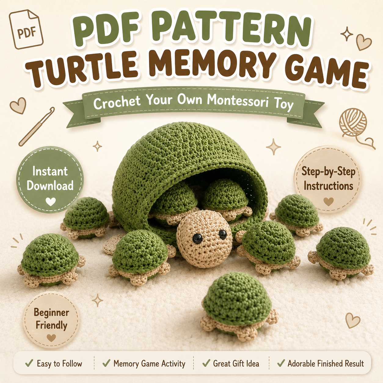 Crochet Turtle Memory Game PDF Pattern – Montessori Matching Toy Tutorial