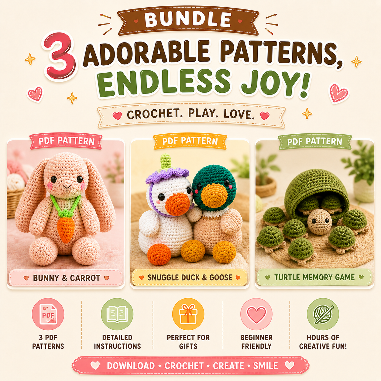 Crochet Animal Pattern Bundle PDF – 4 Amigurumi Toy Tutorials
